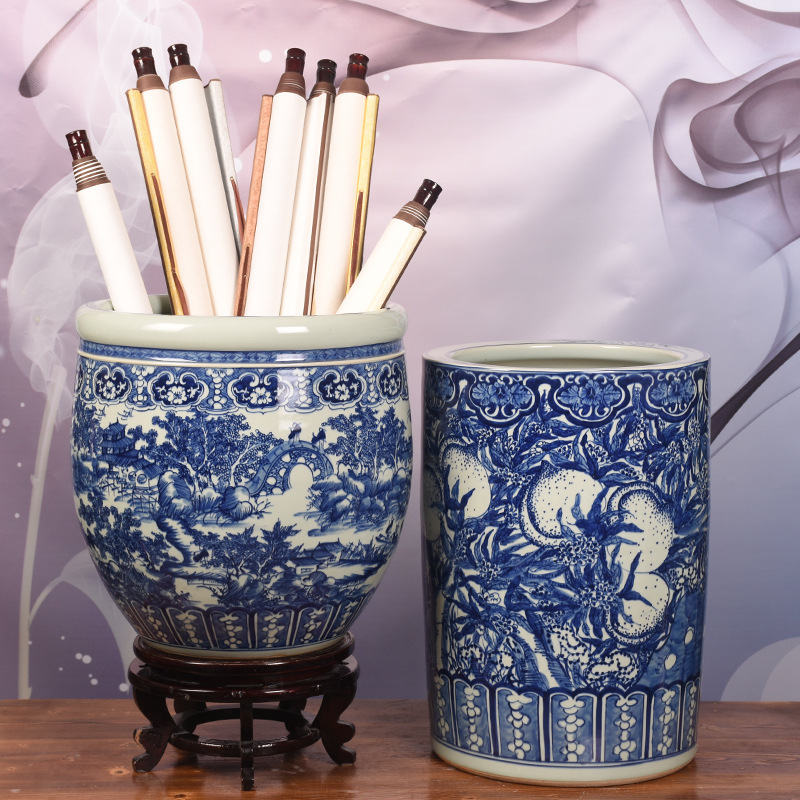 景德镇陶瓷器花瓶摆件 名家手绘山水书画筒箭筒新中式家居装饰品