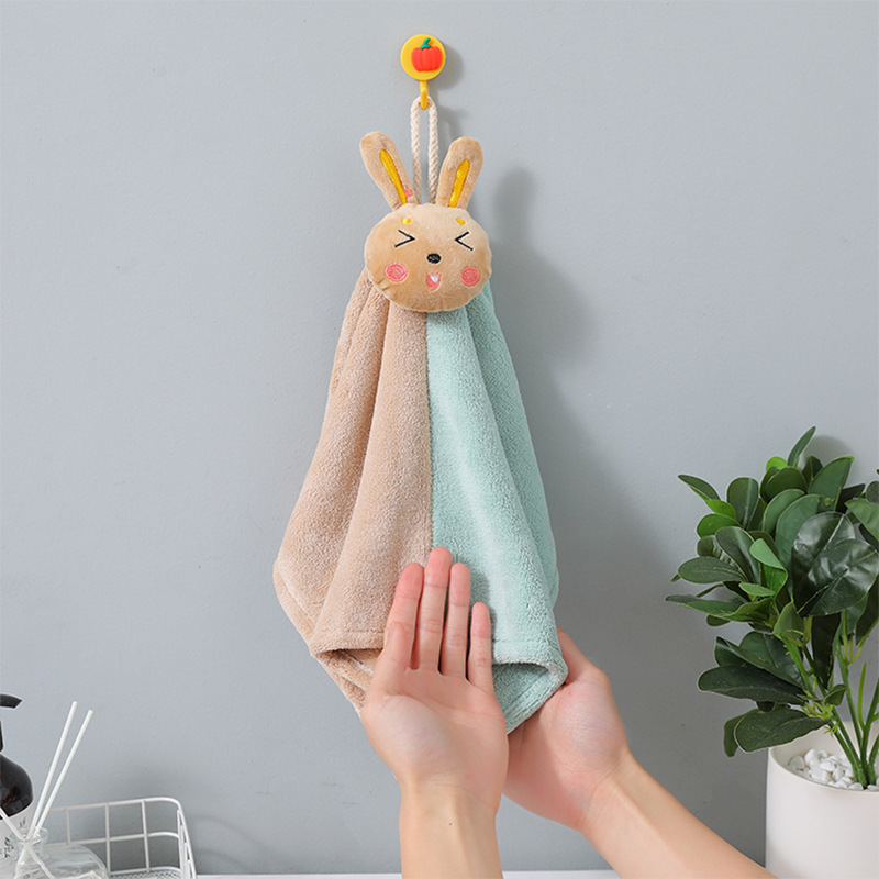 Coral Fleece Cartoon Rabbit Absorbent Towel Kitchen Bathroom Hand Cleaning Cloth Children's Hand Washing Can Hang Hand Towel