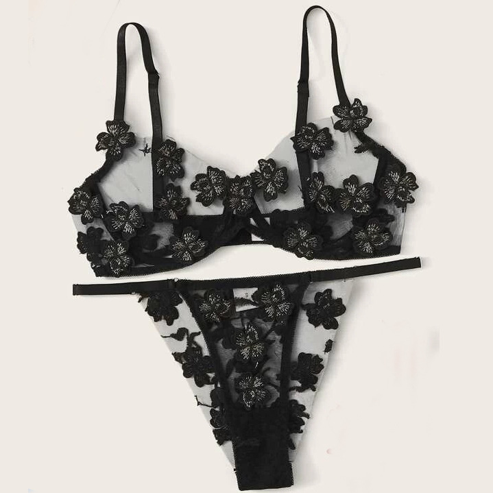 European and American Amazon Sexy Suit Lady Simple Flower Embroidery Applique Mesh Sexy Bra Factory Direct Sales