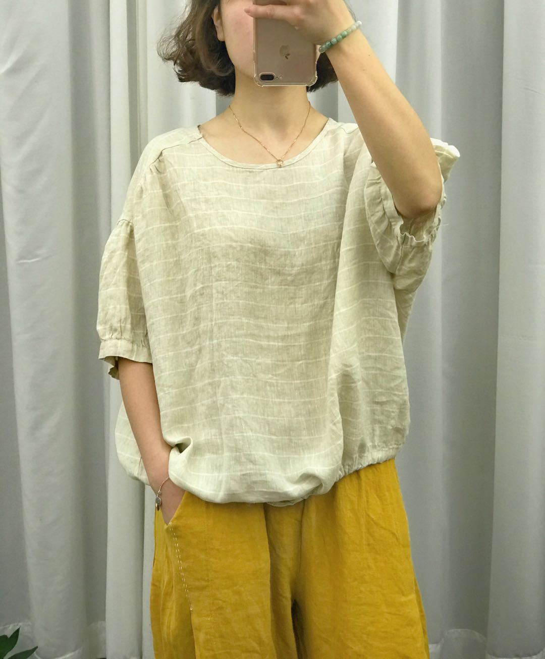 够宽松 大码塌肩袖 亚麻衬衫上衣 胖mm夏装 胖人服饰