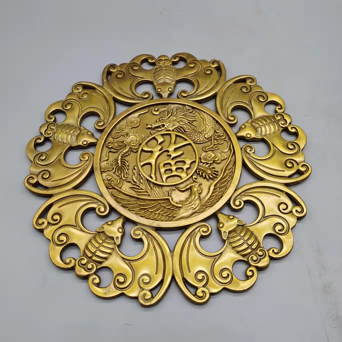 仿古铜五福福字家居摆件古玩铜器收藏龙黄铜凤五福牌挂工艺品