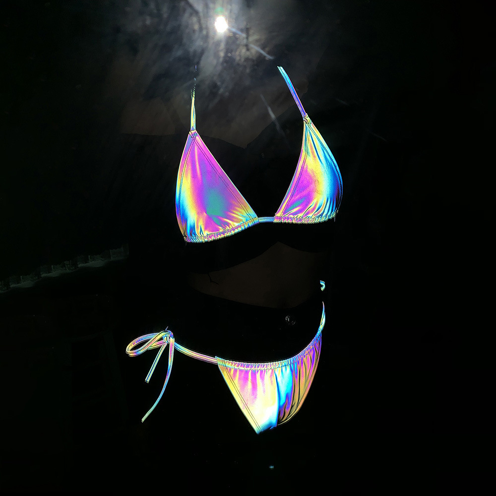 hang neck laser reflective bikini female set 镭射反光比基尼