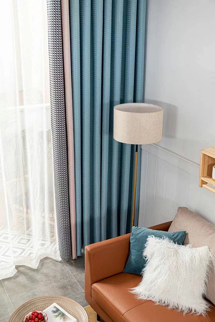 简约美式复古轻奢千鸟格纹理提花窗帘客厅飘窗遮阳成品帘2021新品