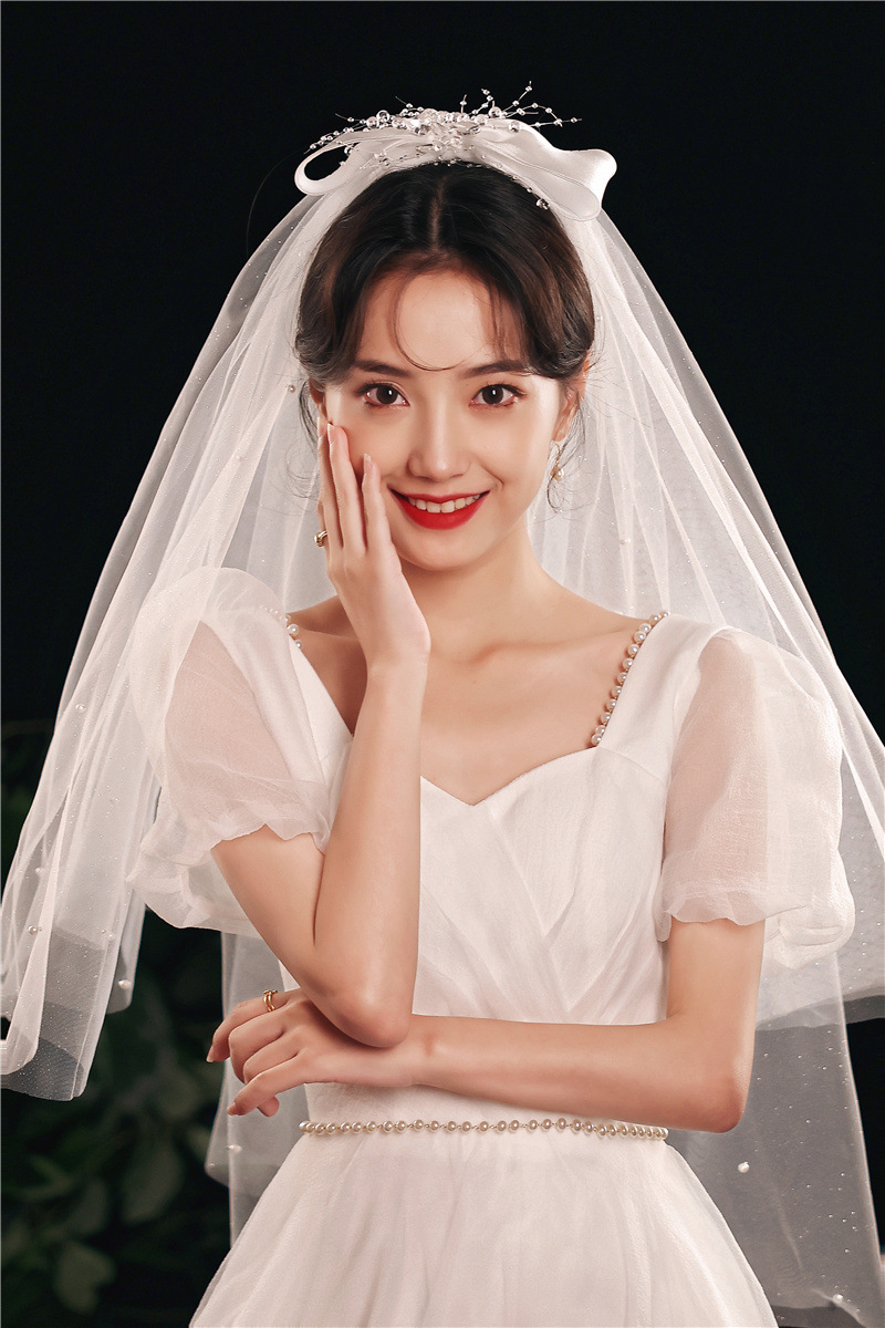 婚纱礼服拍照头纱 摄影旅拍小头纱 珍珠超短花童头饰婚庆