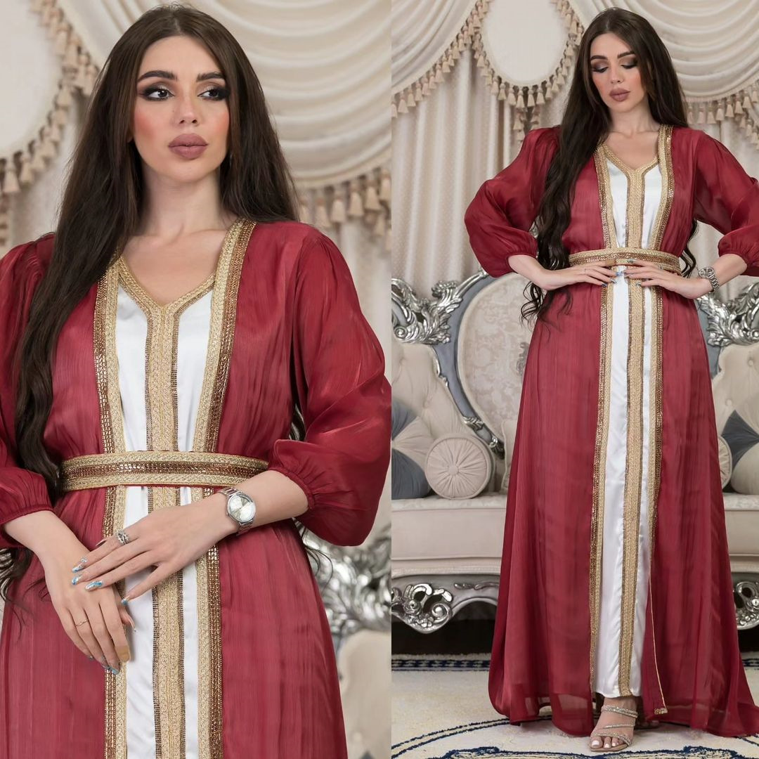 Ab266 Cross-Border Muslim Women's Wear Rhinestone Light Luxury Dress Abaya Suit Bright Silk Satin Three-Piece Dress