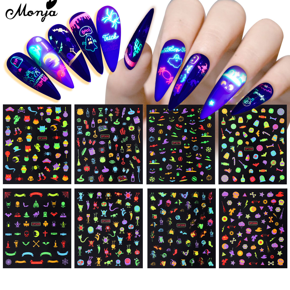 2021新款万圣贴纸夜光美甲贴diy贴纸蝙蝠荧光装饰贴荧光自粘贴纸
