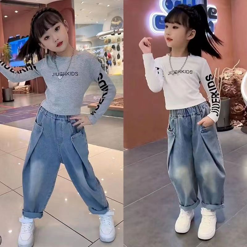 2025新款春秋款洋气女童网红套装亲子母女装女童牛仔裤时尚运动装