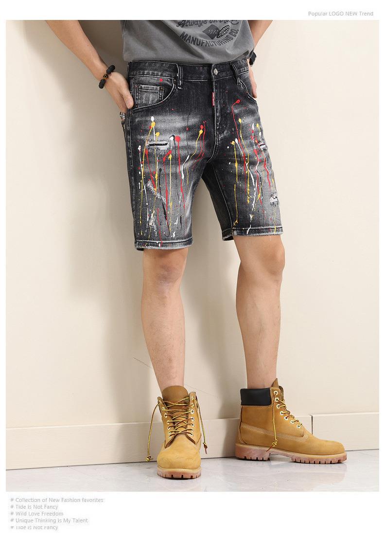 Foreign Trade Fifth Pants New Broken Paint Men's Patch Stretch D2 Jeans Black Middle Pants Beggar Jeans