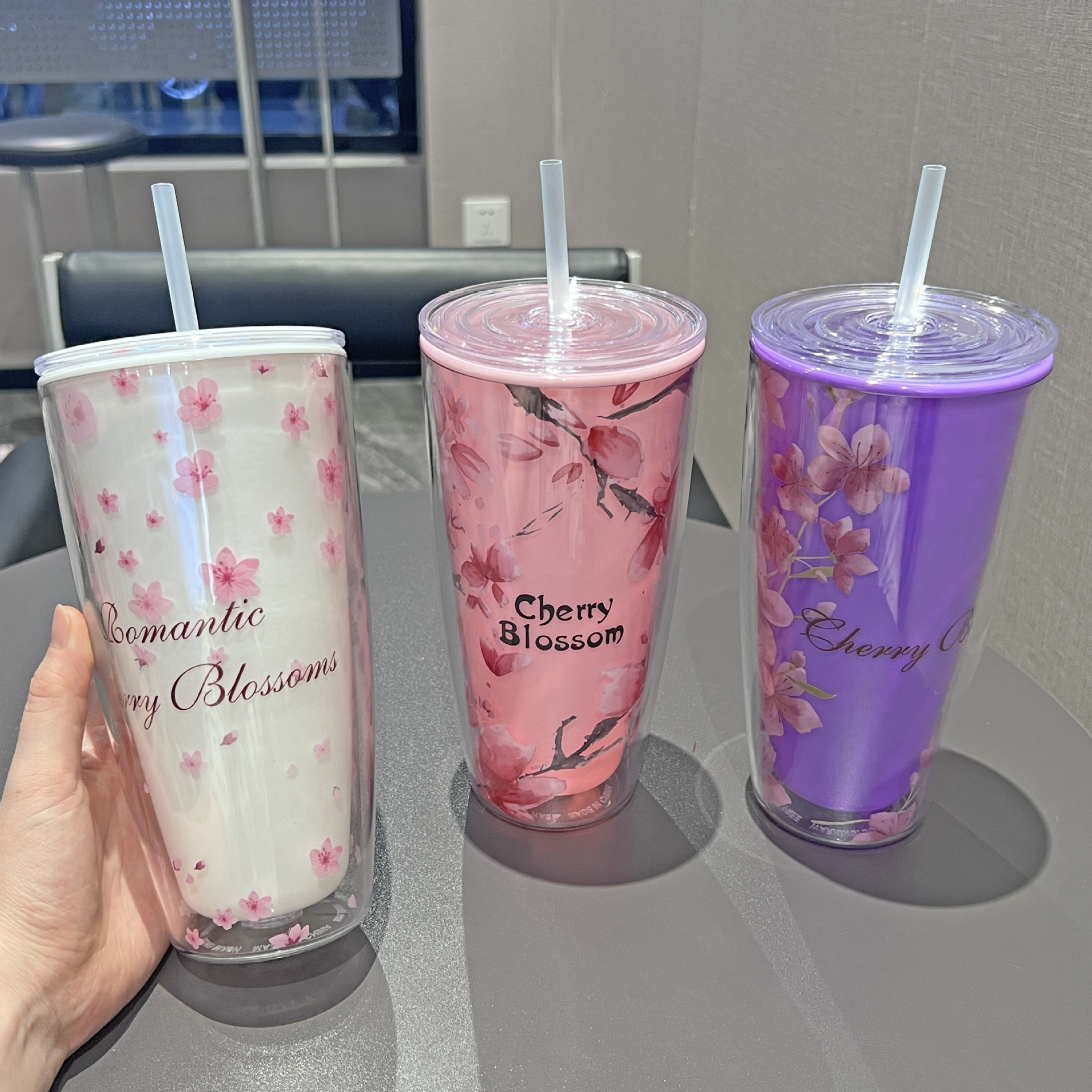 Cross-Border New Arrival Cherry Blossom Cup Wholesale Large Capacity Plastic Cup 25Oz Double-Layer Portable Cup with Straw Internet Celebrity Milky Tea Cup