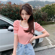 24夏季韩系新款正肩修身薄款冰丝针织短袖女上衣外贸夜市地摊货源