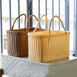 手提买菜篮子塑料仿藤编织筐购物采摘野餐篮洗澡篮大号加厚承重强
