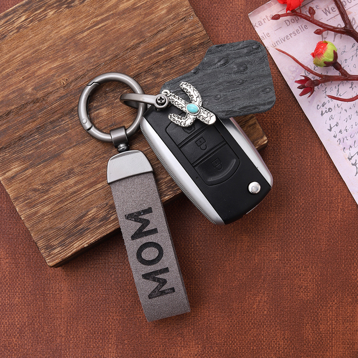 New Mother's Day Leather Key Chain Farm Leather Sign Pendant Alloy Cactus Cross-Border European and American Amazon