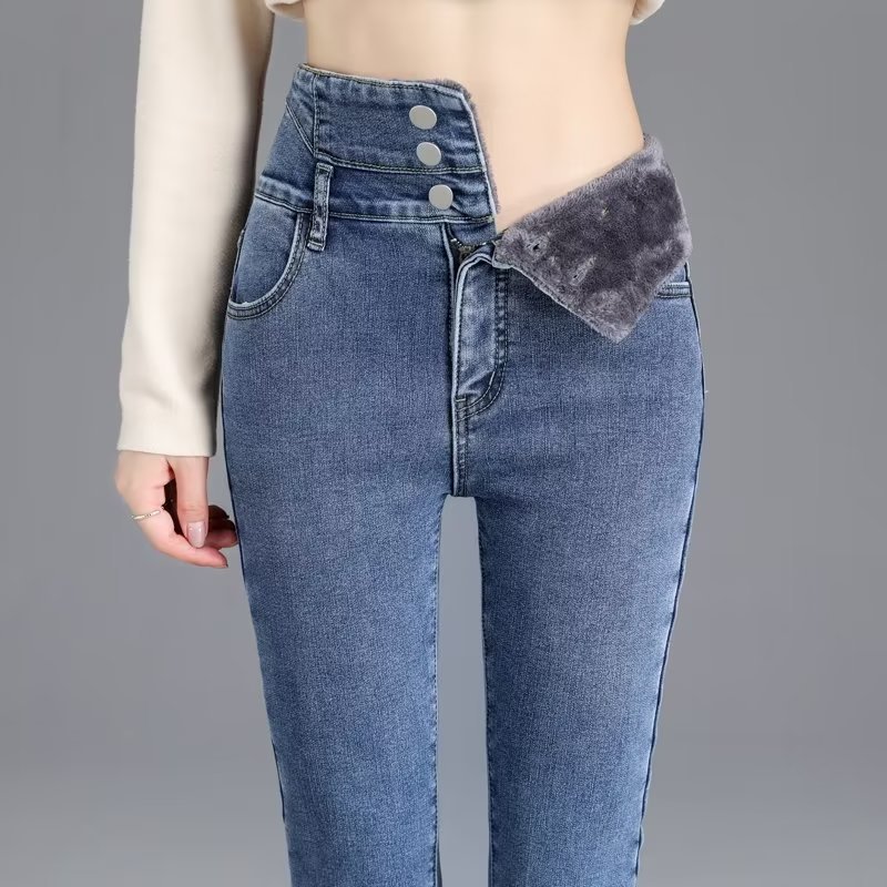 Autumn and Winter Pencil Jeans for Women  New High Waist Look Taller Slimming and Tight Fleece-lined Thickening Tapered Pants