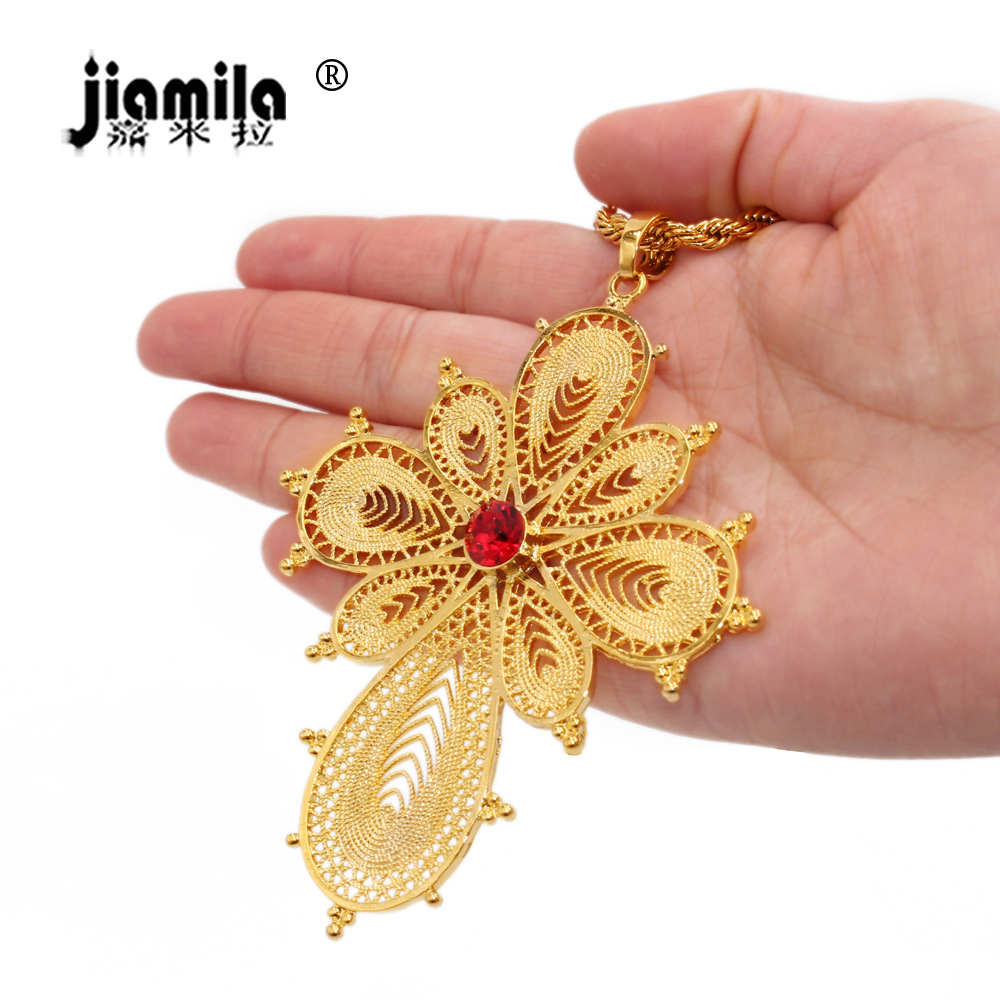 嘉米拉 埃塞俄比亚24k女士首饰金色红色宝石吊坠项链结婚礼物迪拜
