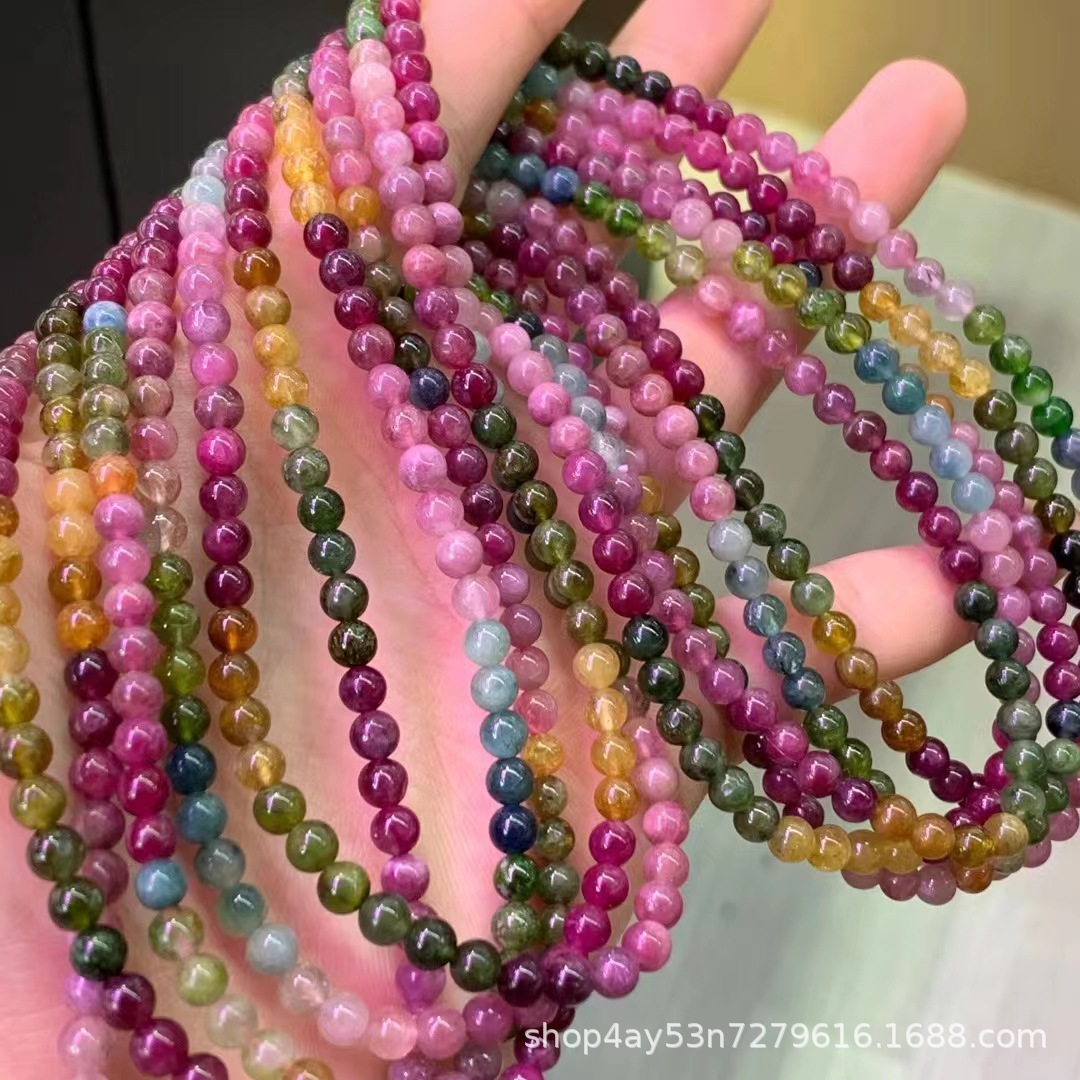 天然碧玺三圈手链巴西老料颜色鲜艳搭配色彩亮丽diy天然碧玺批发