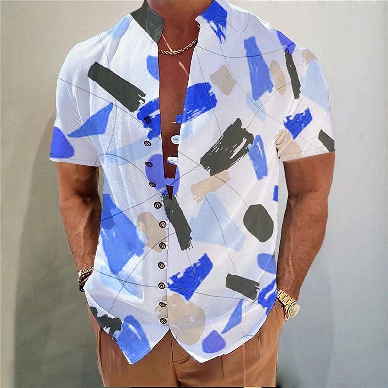 速卖通热销新款夏季男士立领几何图形3D印花短袖青年休闲花卉衬衫