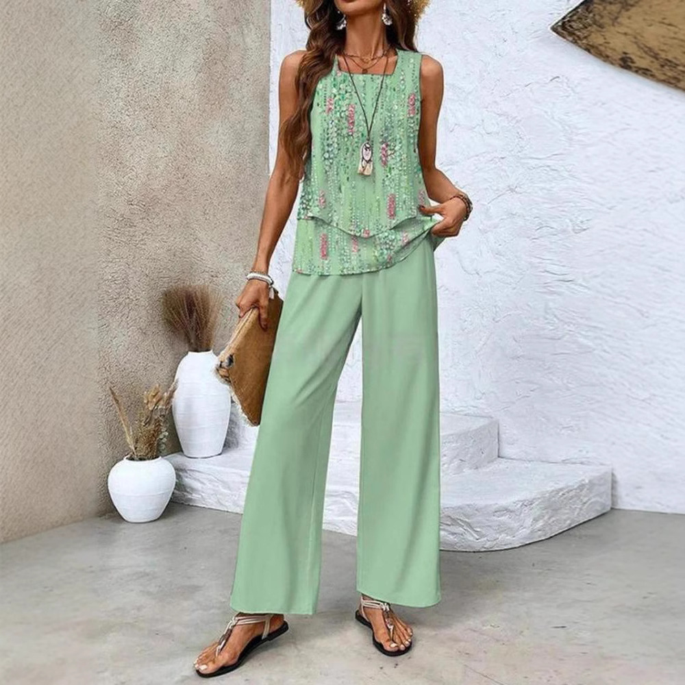 2025新款现货跨境外贸欧美女装独立站热销款无袖双层背心裤子套装