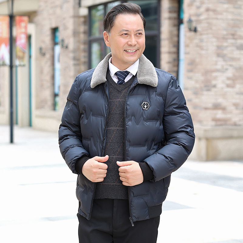 Dad Winter Clothes Coat Fleece-Lined Thickened Cotton Clothing Middle-Aged People's Warm Fur Collar down Cotton-Padded Coat Middle-Aged and Elderly Grandpa Cotton-Padded Jacket