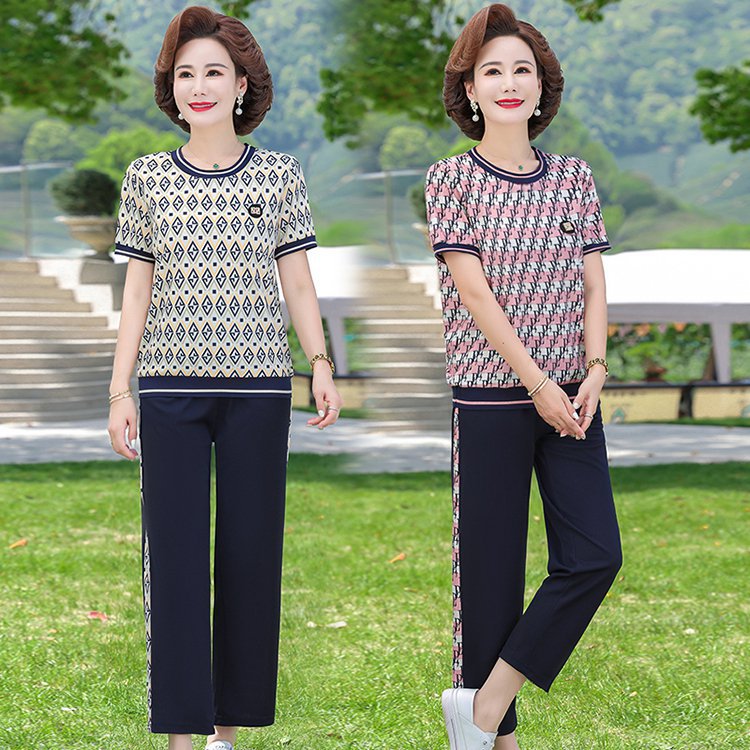 妈妈夏装洋气短袖上衣服中年女装气质大码中老年夏季休闲运动套装