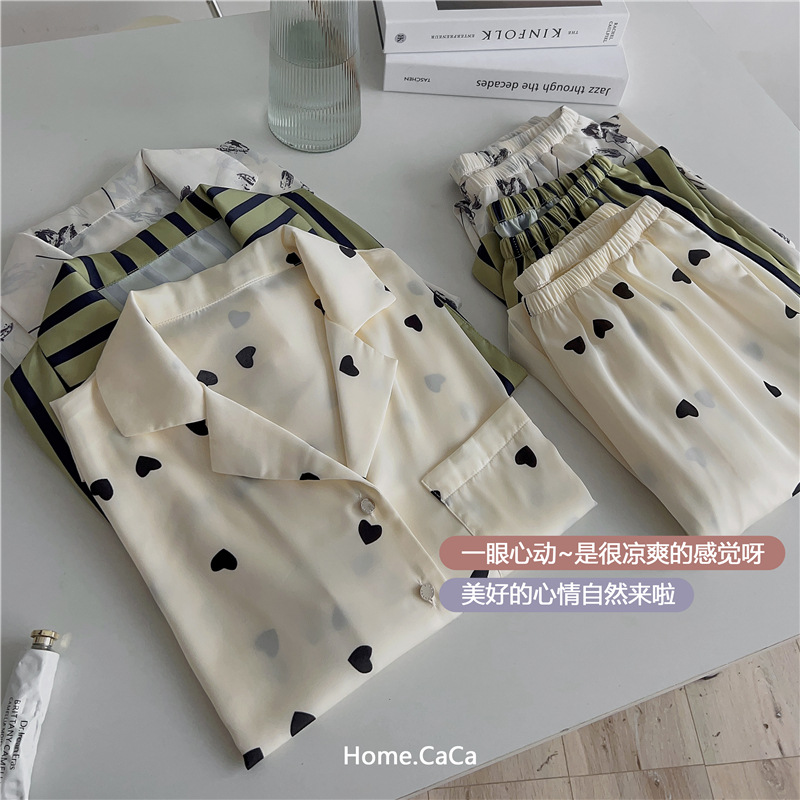 Summer Romantic Moonlight Satin Homewear Caca New Ice Silk Pajamas Women's Short-Sleeved Trousers Cardigan Homewear Outer Wear