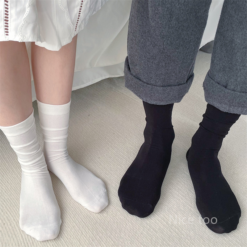 春秋袜子女中筒小白袜ins潮韩系纯色堆堆袜子棉无骨抗起球月子袜