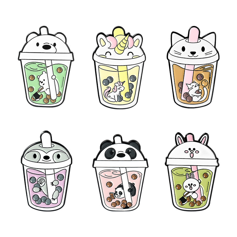 Cartoon New Creative Cute Animal Avatar Shape Brooch Bubble Tea Brooch Accessories Paint Badge