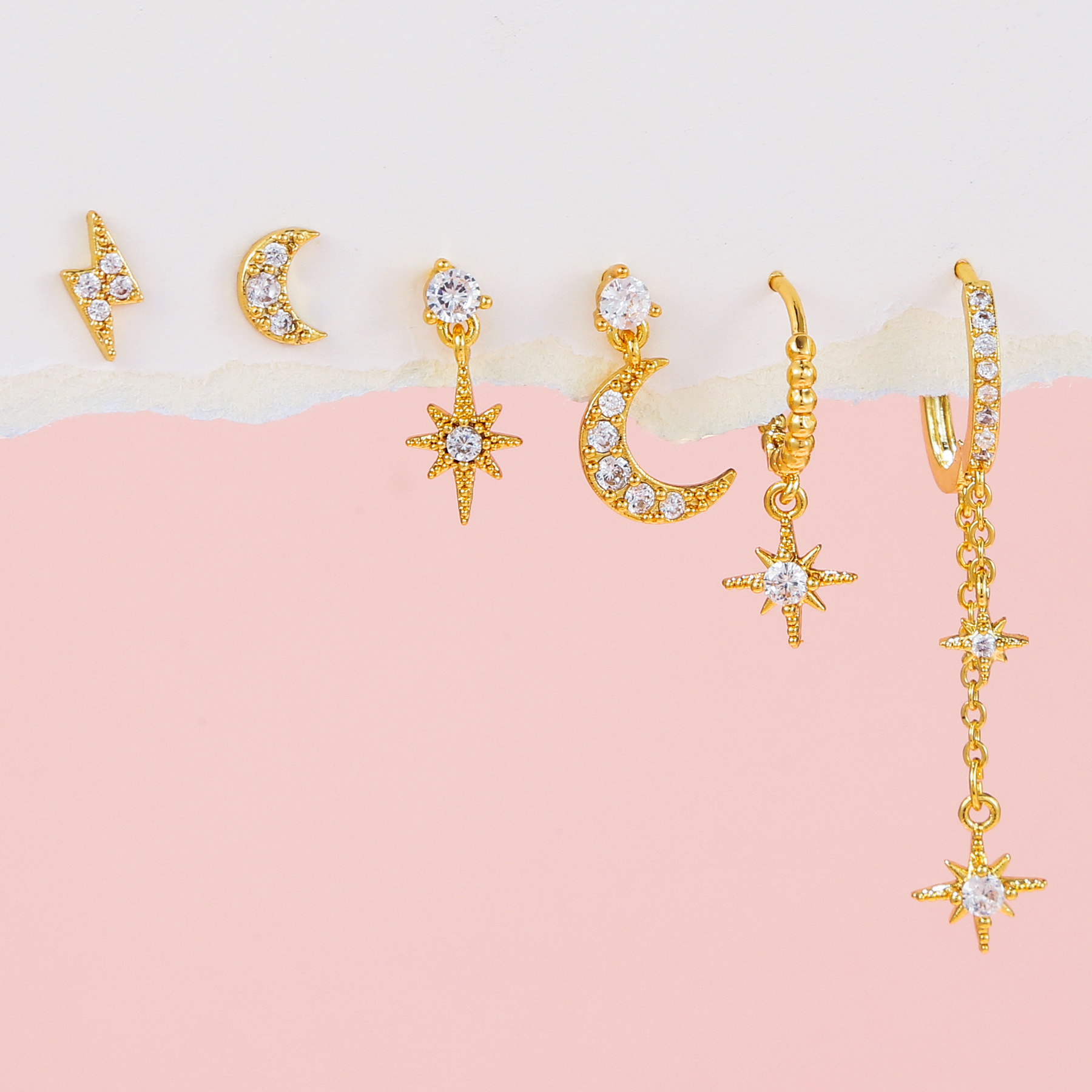 Europe and America Cross Border 18K Star Moon Asymmetric Earrings Six-Piece Set Ins Fashion Zircon Earings Set Female Eardrop Jewelry