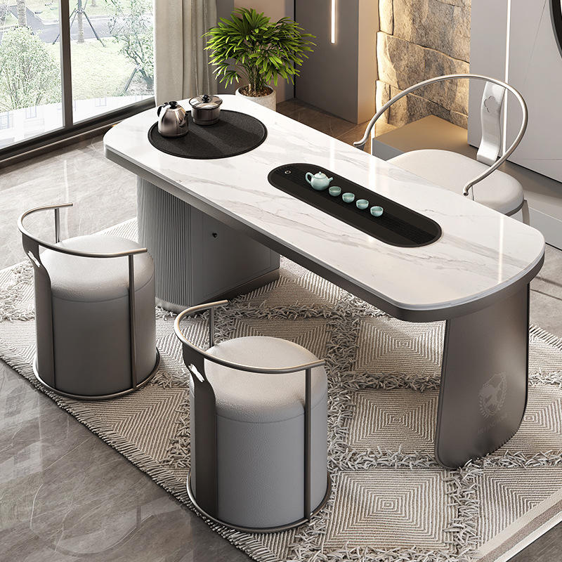 轻奢岩板茶桌椅组合办公室现代简约感茶台书桌一体式茶桌