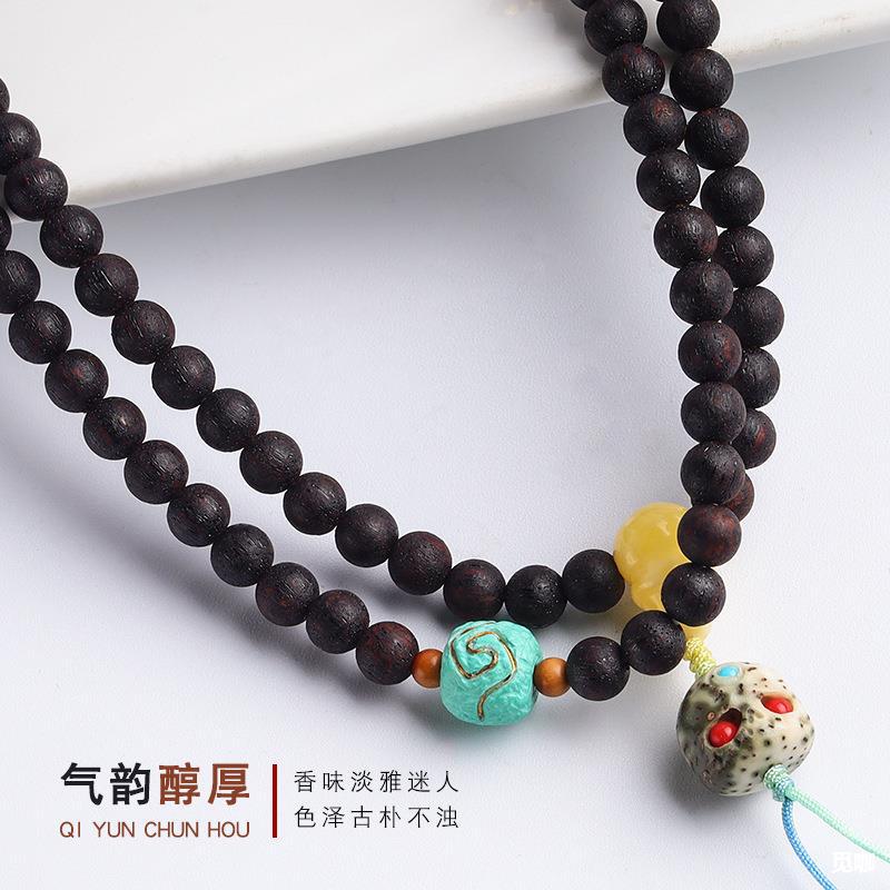 缅甸小叶奇楠降真香手串淳化老料黑油男女佛珠手链文玩108颗念珠
