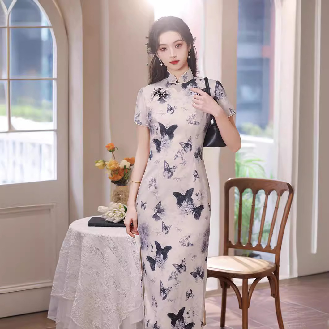 中国风古法半开襟旗袍2024新款年轻款少女夏季日常高贵修身长款