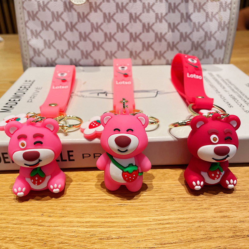 New Cartoon Cute Strawberry Bear Keychain Couple Women Bag Car Key Chain Pendant Crane Machine Small Gift