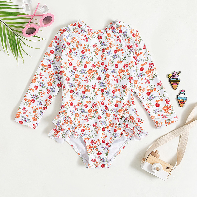 2023 Long Sleeve One-Piece Children's Swimsuit Summer New Small Floral Hollow Design Girl's Swimsuit Bikini