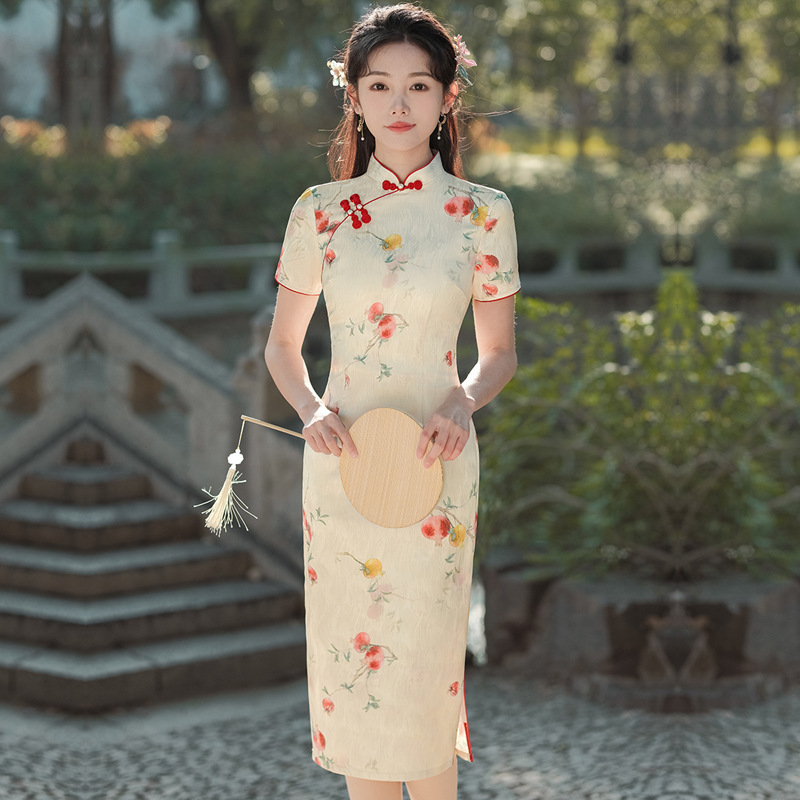 2024春夏款中国风锦缎提花中长款复古旗袍女装少女改良连衣裙日常