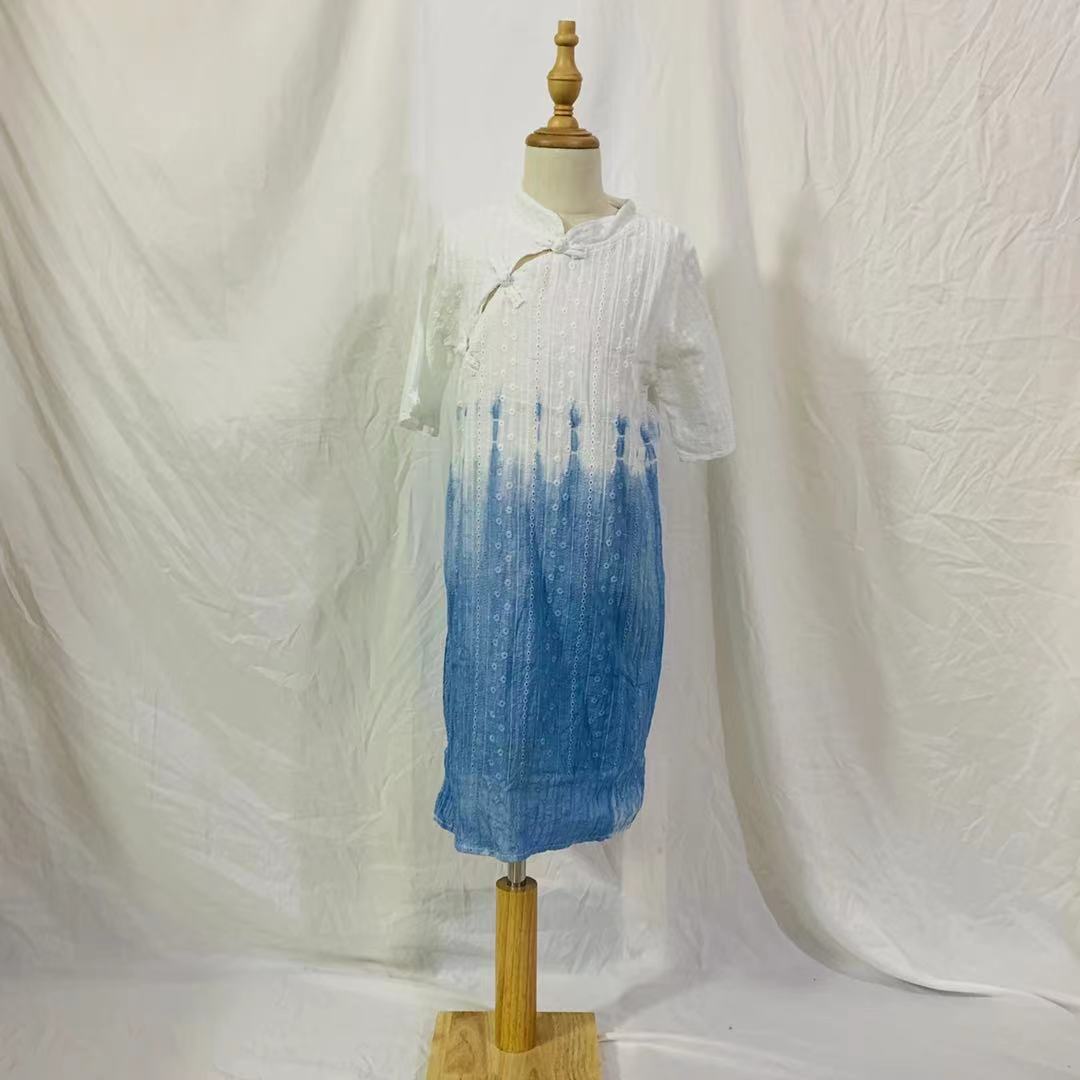 原创手工扎染纯棉女童连衣裙云南植物蓝染草木染儿童旗袍连衣裙