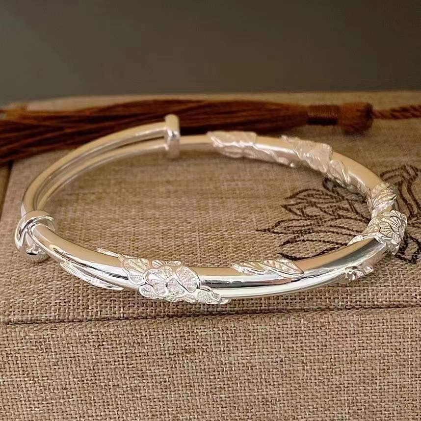 s999足银繁花似锦手镯实心纯银百搭手环电银款饰品年轻女款礼物