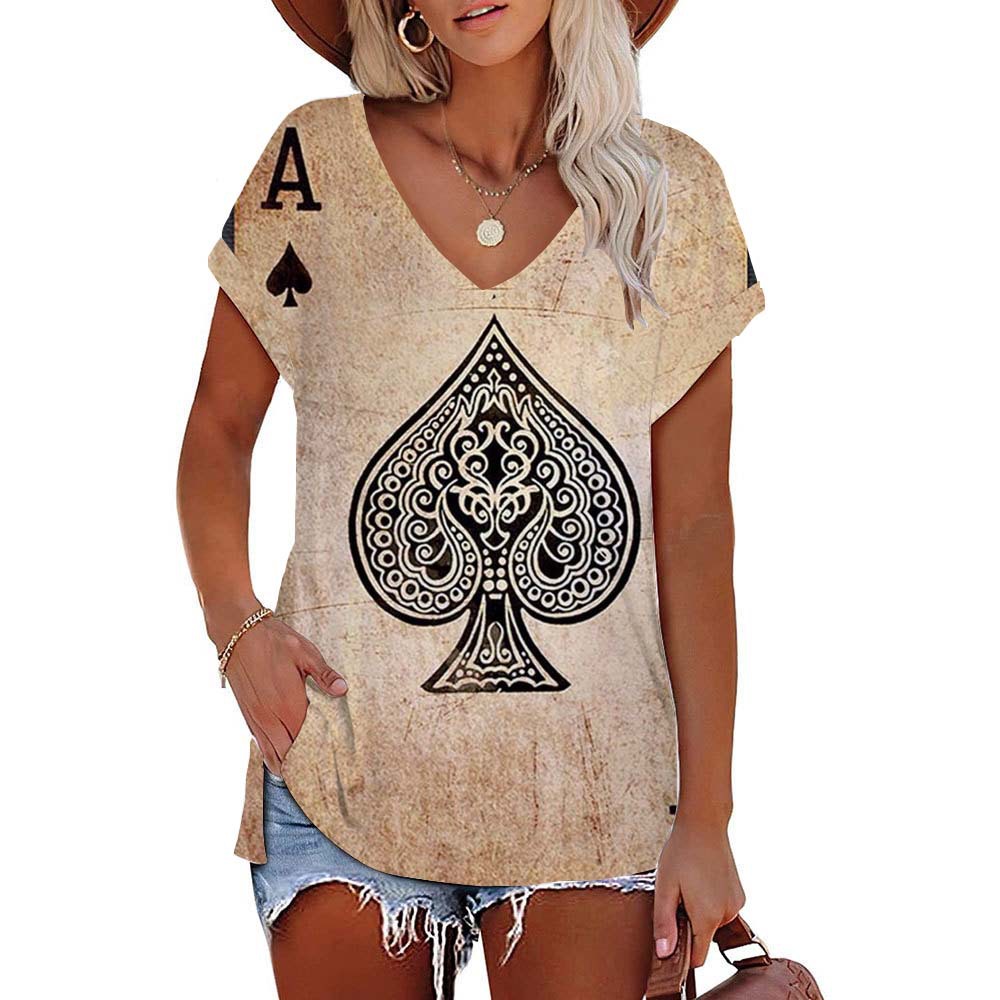 2022夏季欧美新款时尚休闲3d数码黑桃a印花v领短袖t恤 女
