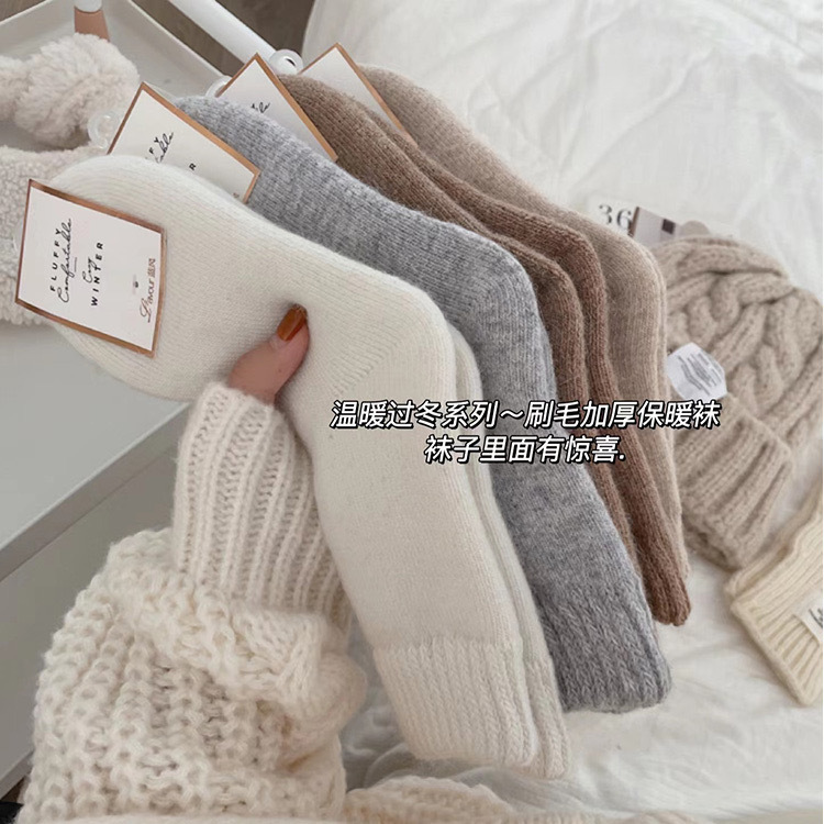 Women's Socks Autumn and Winter Fleece-lined Skin-Friendly Solid Color Wool Socks Thick Warm Japanese Style Snow Boots Cashmere Socks Outer Wear