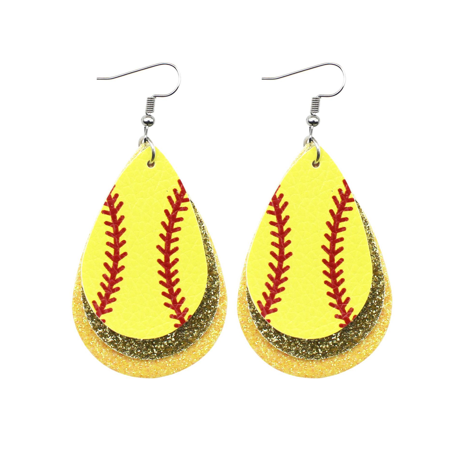 Leather Baseball Theme Earrings Glitter Pu round Heart Water Drops Baseball Texture Three-Layer Earrings Cross-Border Amazon