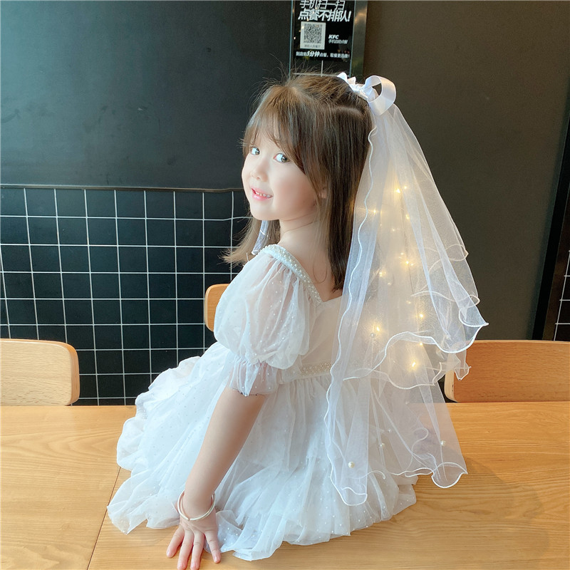 网红闪光带灯儿童发光头纱摆摊双层蝴蝶结闪灯拍照头饰婚礼派对