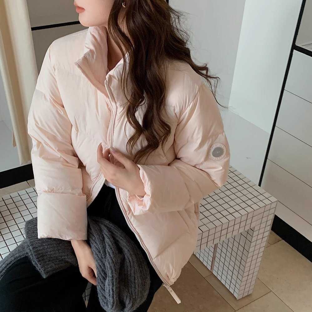 羽绒服女短款立领面包服小个子粉色冬季2025新款90白鸭绒保暖外套