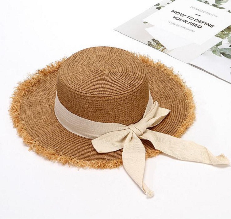 Customized Foreign Trade Summer Sun-Proof Beach Hat Travel Vacation Sunshade Flat Straw Hat Ladies Bow Burr Hat