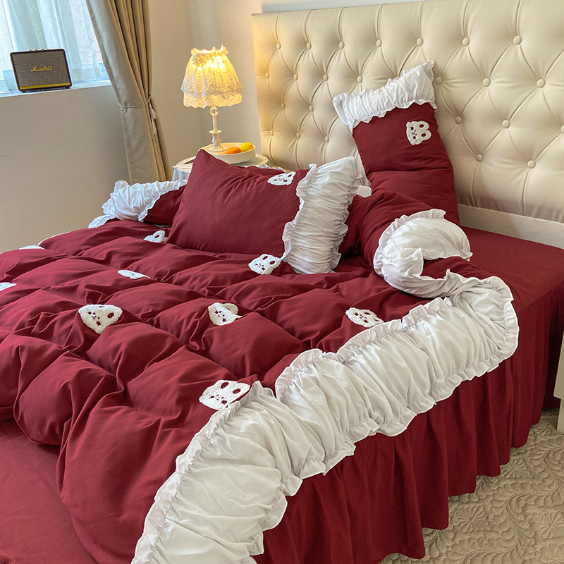 兔叽叽！软萌少女心韩式刺绣床上四件套红色被罩套学生宿舍三件套