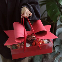 鲜花水果礼盒圣诞蝴蝶结红色玫瑰花盒pvc插花透明手提折叠蛋糕盒