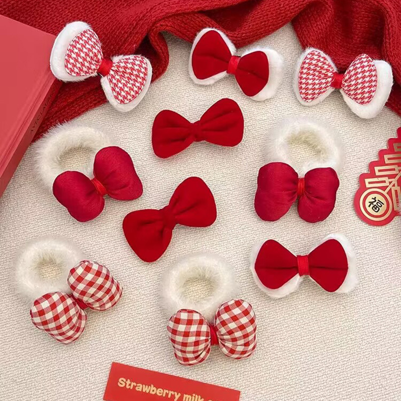 one-pair package ~ autumn winter red plush bow barrettes new year celebration hairpin girl side clip performance bang clip