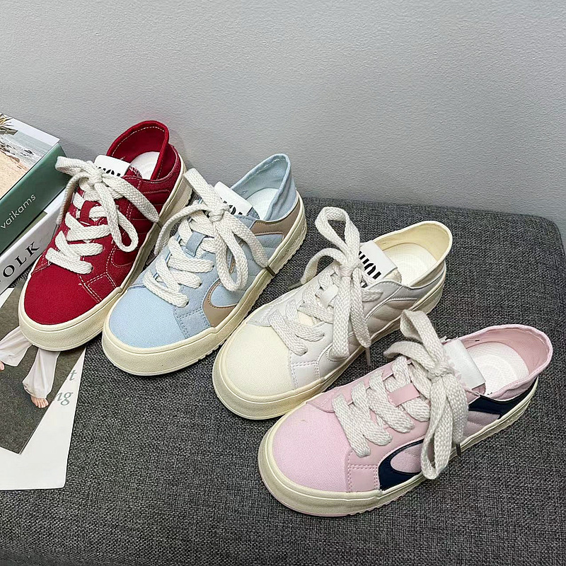 小众粉色帆布鞋女2024夏季新款厚底休闲德训板鞋懒人包头拖鞋外穿