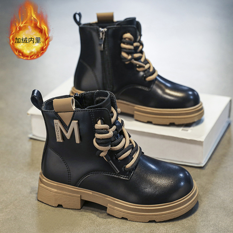 女童靴子秋冬新款儿童皮靴黑色马丁靴中大童女孩加绒保暖旭恒童厂