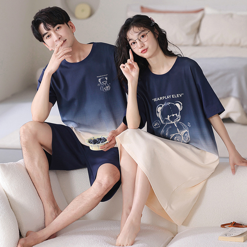 情侣睡衣夏纯棉短袖睡裙女夏季渐变色卡通可爱家居服男士薄款套装