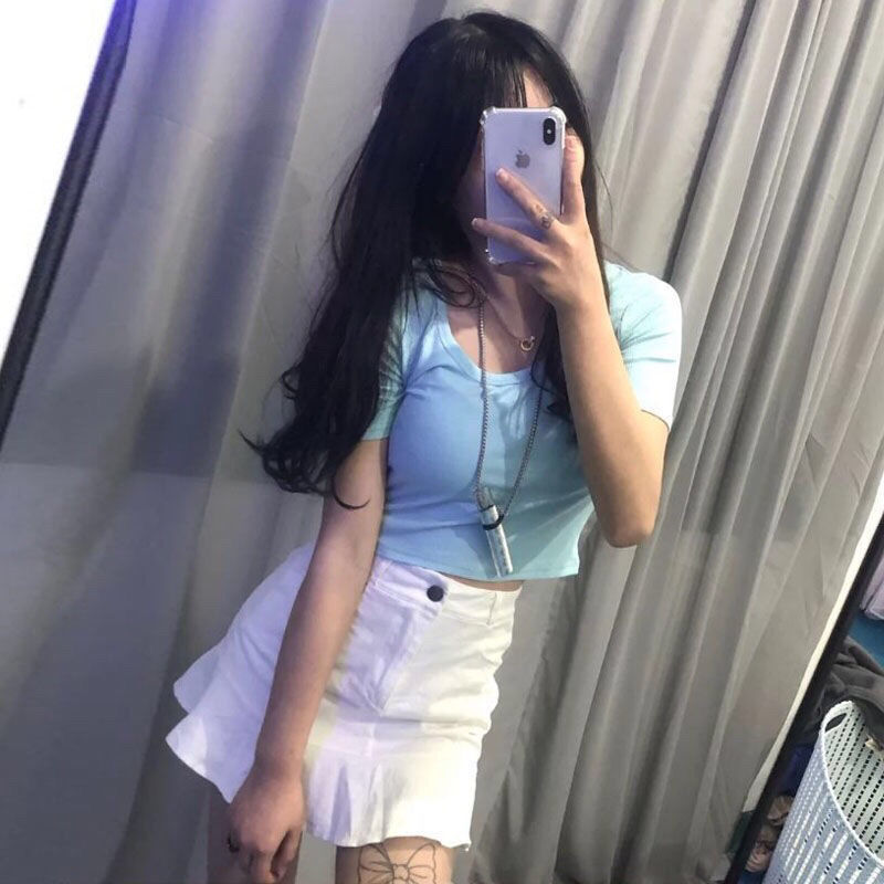 社会女短款t恤潮快手糖果色露脐显瘦短袖上衣 荷叶边短裙女装