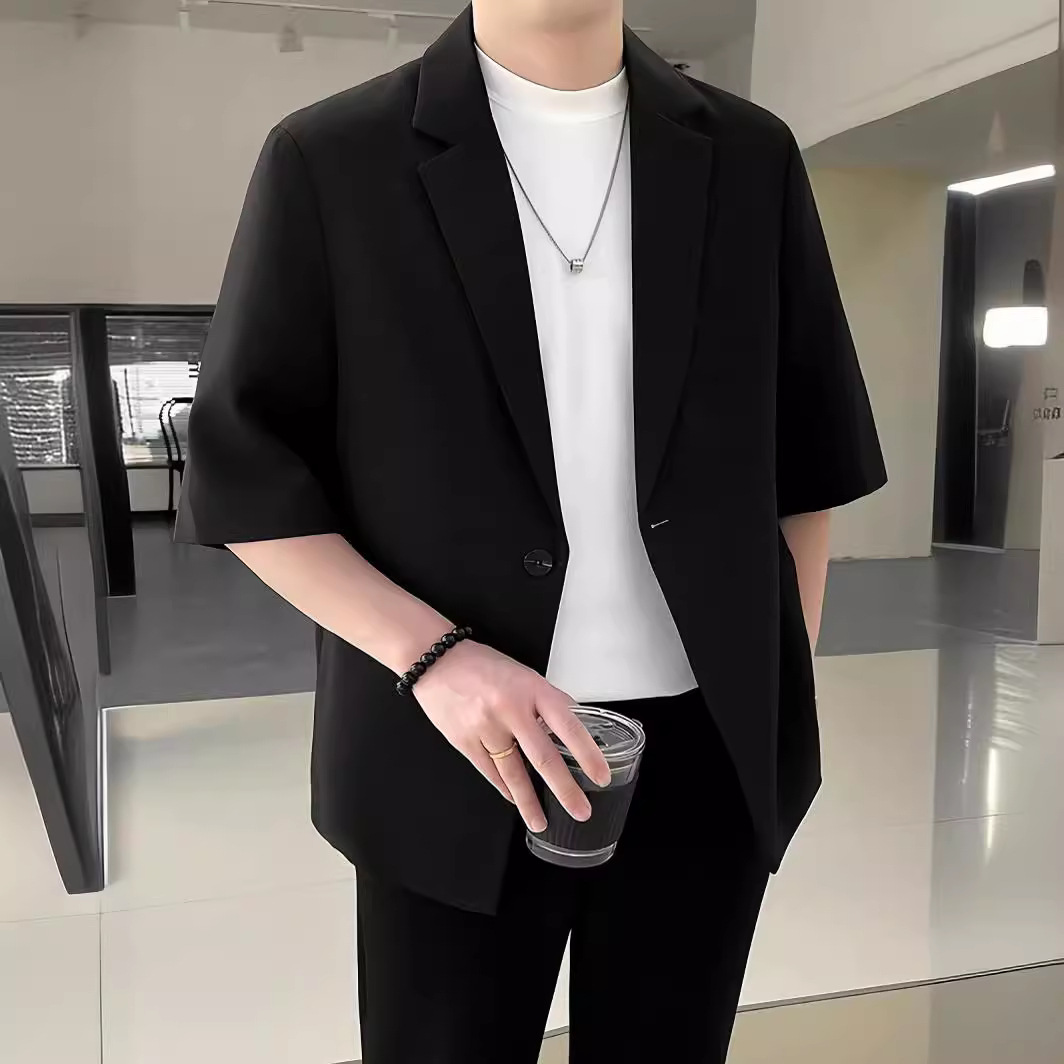 潮男前线夏季新款薄款短袖西服外套男生轻熟风痞帅休闲小西装套装