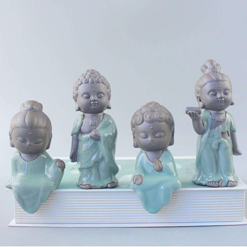 禅意小和尚三圣茶宠摆件陶瓷 可爱创意家用哥窑多肉花盆造景装饰